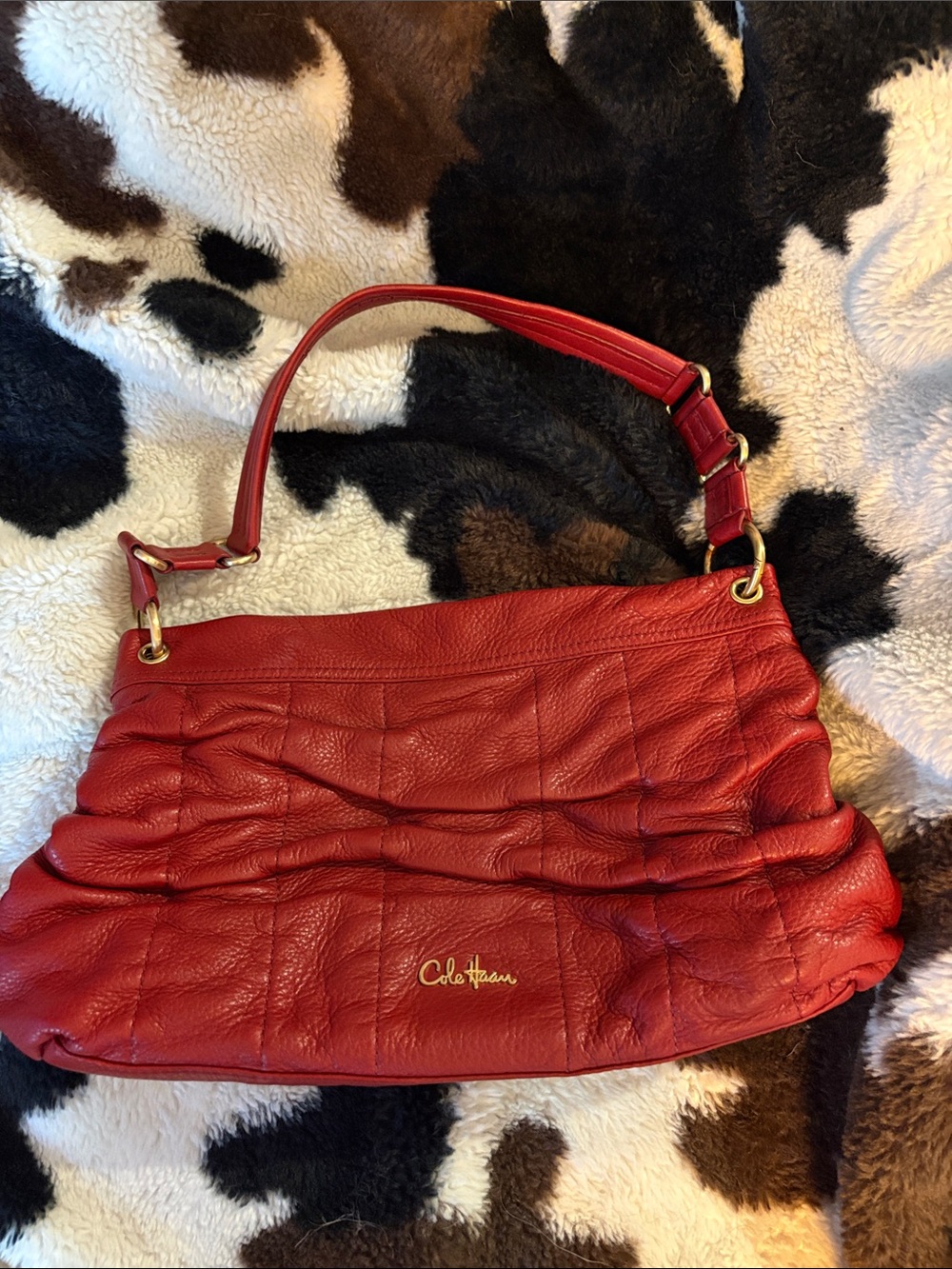 Cole Haan Red Leather Ruched Shoulder Bag with Gold Hardware